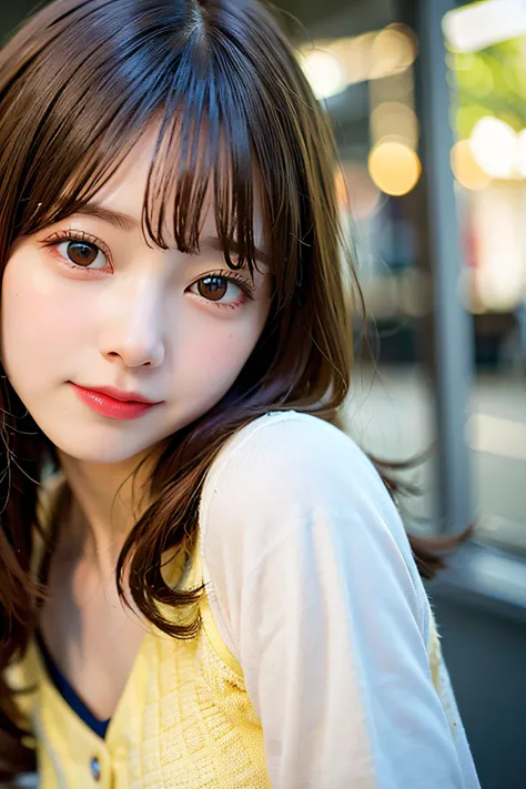 (8K, Raw photo:1.2)Detailed face and eyes,Best Quality, 超A high resolution, Highly detailed ,intricate detailes ,masutepiece ,Cute Girl , Soft cinematic light, Hyper-detailing,foco nítido, High quality,student clothes,  dripping from,yellow dress、