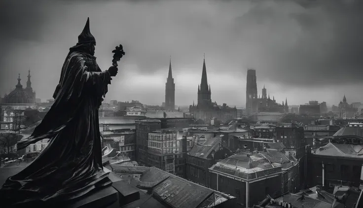 photo-realistic high-contrast,black and white photo, ultra wide angle perspective distortion, foggy, dark, moody, surreal, ((cathedral rooftop)) with gargoyle statuary, in city at night, dwarfed by towering skyscrapers, (gritty noir), wide-angle shot, hand...