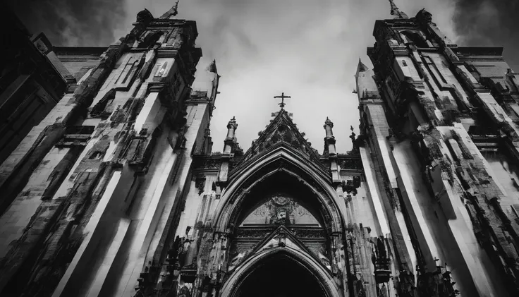 photo-realistic high-contrast,black and white photo, ultra wide angle perspective distortion, foggy, dark, moody, surreal, ((cathedral rooftop)) with gargoyle statuary, in city at night, dwarfed by towering skyscrapers, (gritty noir), wide-angle shot, hand...