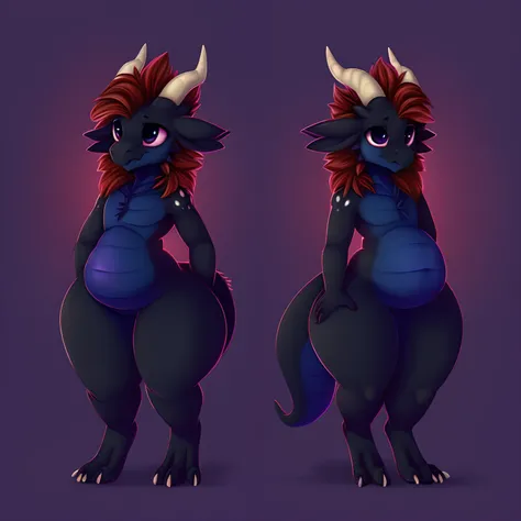 Four-ears, Cute furry male, man, fem man with large thicc hips and, flat chest, short height, nude, fluffy, chubby belly, cute_deer_face, dragon tail, short height, dark fur, high quality, no horns, kobold_torso,thicc ass, no horns, mane on head as hair, b...