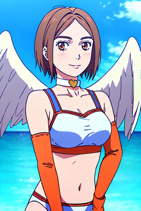 ANGELNUMBER7,1GIRL HEART CHOKER, ANGEL WINGS,CROP TOP,MIDRIFF, ELBOW GLOVES, BIKINI, ORANGE FOOTWEAR, solo, facing viewer, looking at viewer, upper body, smile.