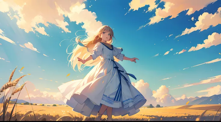 Fresh painting style，Full Body Angle:1.5,In the wheat field，girl with，Keep hands away from sunlight，Bright sky，Looking Up，Anime characters，ultra - detailed，Highly realistic，tmasterpiece，8K，hyper HD，