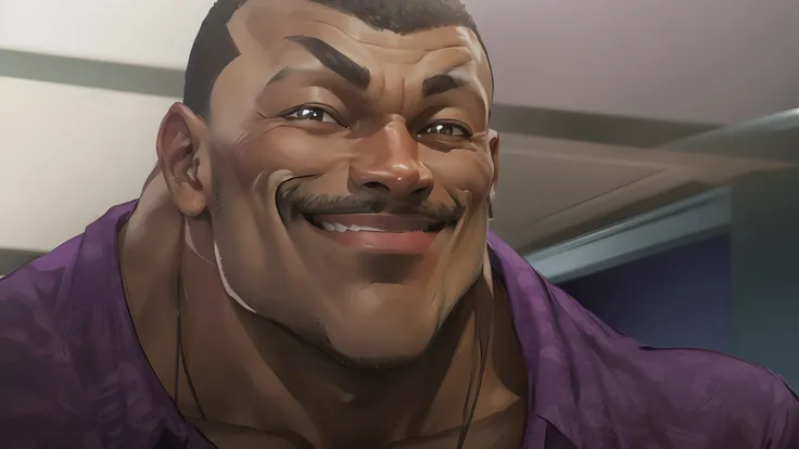 A black Man, Smiling, Muscular, Short hair, Brown Hair, Brown eye, smiling, Realistic, ultra realistic, Purple shirt, Detailled face,