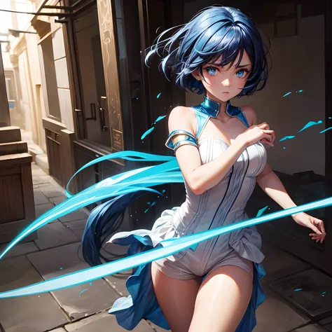 Slave girl, Topaz, short dark blue hair, light blue eyes, short, timid, very fast runner, often nervous in tight situations but has enough head on her shoulders to endure whatever she faces, petite