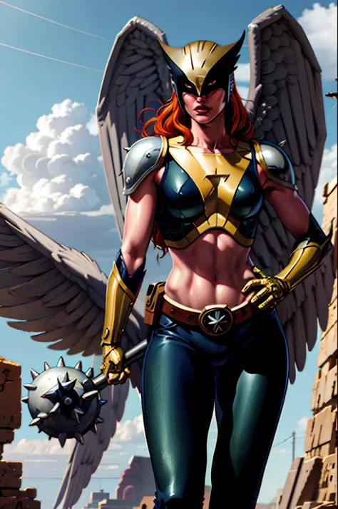 (cowboy shot), (masterpiece), (best quality:1.0), (ultra highres:1.0), highly detailed face and eyes, (photorealistic:1.2)
BREAK
Shayera from DC comics,hawk girl from DC comics, green eyes, mask, metal wings, wings, holding weapon, large spiked mace, elect...