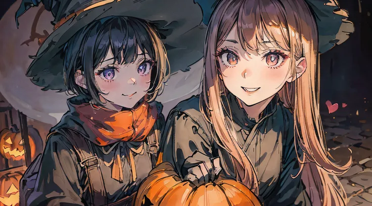 Halloween atmosphere、Bat in the background、Girl in a witch costume、Wearing a big witchs hat、Holding a bag of sweets in your hands、A smile、murky、frontage、Focus on girls、Highlights in the eyes、The Heart Effect