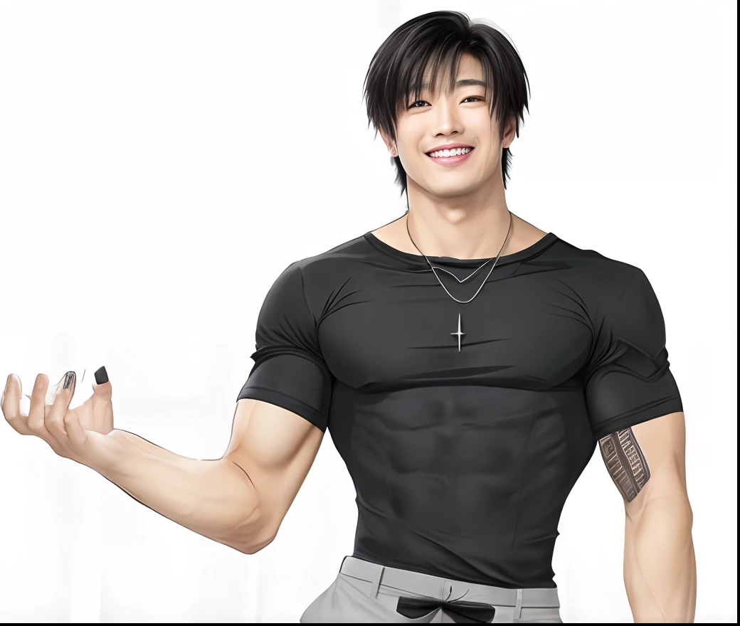 Black shirt, short black haired, evil smile with scar on his left lips, muscular asian white man