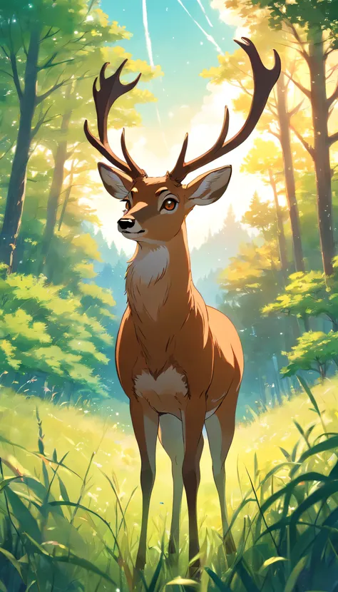 A detailed animated cartoon，A brown deer exudes an aura of elegance, Large antlers, Green eyes walk through the meadow alone