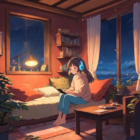 Girl listening to music in a cozy room at night, Usando fones de ouvido, Anime estilo 2D, Lo-fi, hd, Ambiente escuro