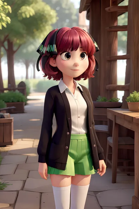 masterpiece, best quality, highres, nn1, 1girl, hair ribbon, short hair, green skirt, white shirt, black cardigan, open clothes, white thighhighs, long sleeves, cowboy shot, standing, park, outdoor, Disney Pixar style