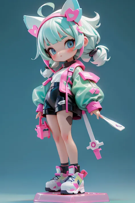 Cute little girl wrapped in clear plastic, tchibi, Fluorescent translucent sports fashion trend clothing, wearing nike shoes, Candy color, simple bright background, 3D toys, Cyberpunk Style, cinema4d, rendering by octane, 3D model, Collectible toys,nendoro...