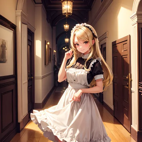 Slave girl, Cynthia, straight blonde hair, medium height, brown eyes, flirty, energetic, happy, cheerful, slighlty annoying to the others, helpful, casual clothes, 1girl, standing in a mansion hallway, housekeeper clothes