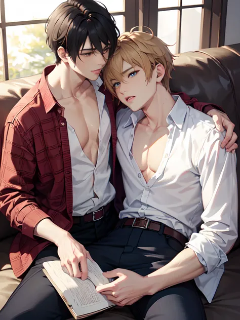 masterpiece, ultra detail, high quality, Yaoi, BL anime, Two adult men are united, Open shirt, pants, on_couch, gay, male, relationship,gay male relationship,niji style,, face close up