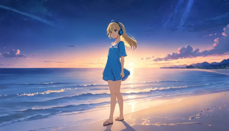 (Masterpiece, Highest Quality, 8K, 16 k, High Quality, Best Quality:1.3, absurderes, high resolucion, digital art, intrikate),High Quality,Pretty blonde, Beautiful blonde, Blue Eyes,1 Girl,(Girl wearing a headset), natta、the moon、seaside,pixiv, Concept Art...