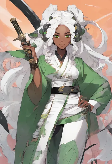 anime girl, green glossy eyes, wearing brown tall pirate boots and a white and black kimono uniform, white curly afro hair, female, smiling, mixed skin color, curled goat horns, goat ears, goat tail, holding a katana in her hands in a fighting stance