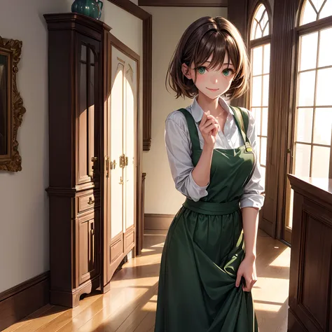 Slave 1girl, Lilith, light brown hair, medium-short height, green eyes, technology savvy, simply satisfied and happy in her situations, excellent housekeeper, casual clothes, 1girl, standing in a mansion hallway, housekeeper clothes