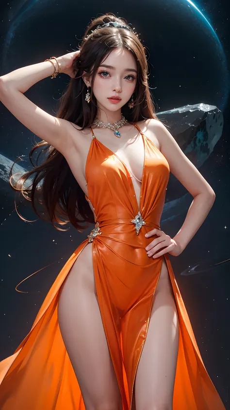 8K ultra hd, masterpiece, best quality, a beautiful girl, long hair, impressive hairstyle, crystal dress, orange dress, (shining:1.2), glowing skin, disco lighting, space background, attractive poses,