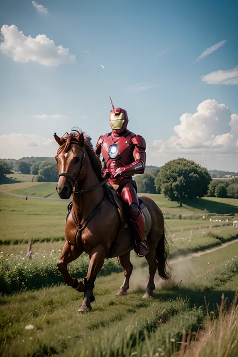 Iron Man riding a unicorn against a green field.