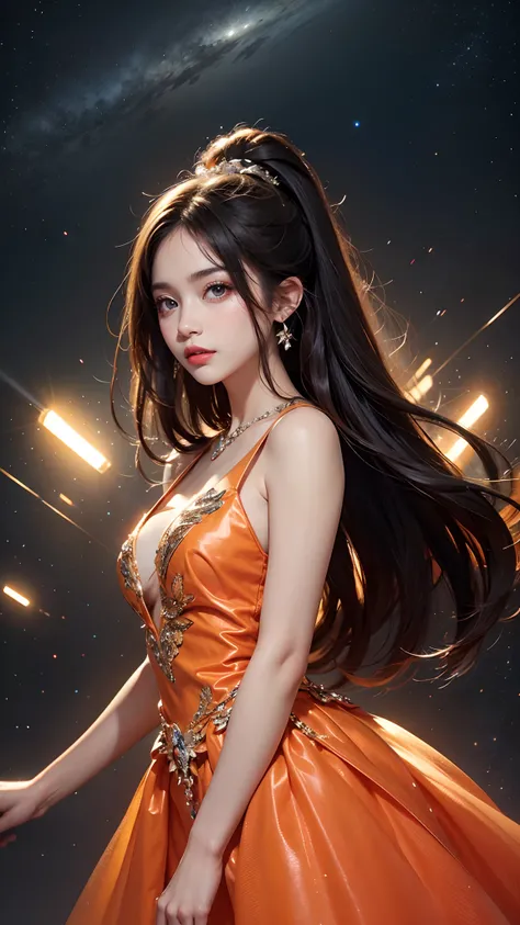 8K ultra hd, masterpiece, best quality, a beautiful girl, long hair, impressive hairstyle, crystal dress, orange dress, (shining:1.2), glowing skin, disco lighting, space background, attractive poses,