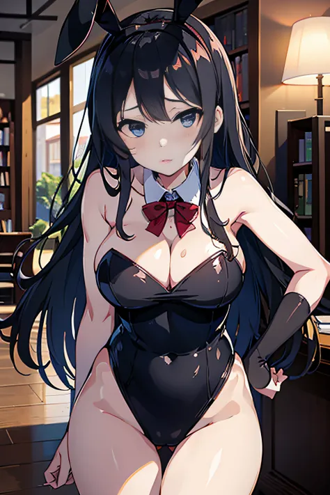 Mai Sakurajima、Black Bunny Girl,(High quality,4K,8K,hight resolution,masutepiece:1.2),Ultra-detailed,Physically-based rendering,Professional,Vivid colors,Portraits,Library,bookshelf,livingroom,Open legs,Beautiful woman,Arched boobs,long straight black hair...