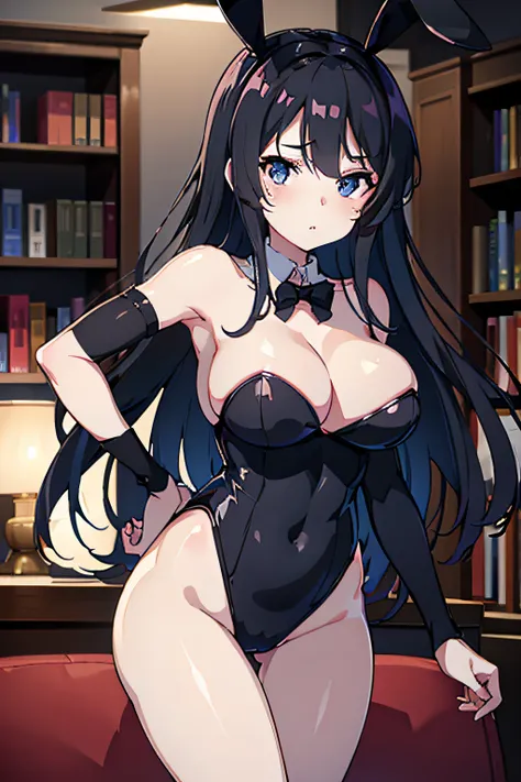 Mai Sakurajima、Black Bunny Girl,(High quality,4K,8K,hight resolution,masutepiece:1.2),Ultra-detailed,Physically-based rendering,Professional,Vivid colors,Bokeh,Portraits,Library,bookshelf,livingroom,Open legs,Beautiful woman,Arched back,long straight black...