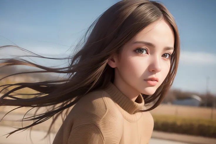 Best Quality, masutepiece,  (Realistic:1.2), 1 girl, Head of brown hair fluttering in the wind, Brown eyes,front, Detailed face, Beautiful eyes,Sweaters,