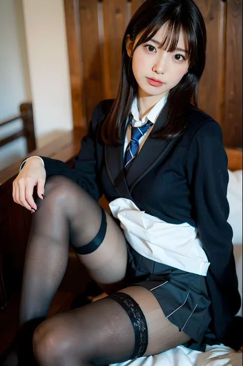 (​masterpiece:1.3), (8K, Photorealsitic, Raw photography, Top image quality: 1.4), Classy elite girl sitting on a park bench, Phenomenally cute face、wearing japanese school uniform, Wear ultra-realistic pantyhose、japanese girl school uniform, Japan school ...