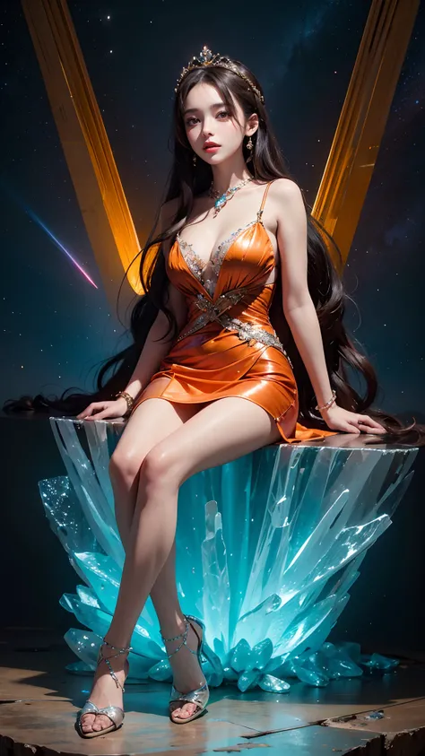 8K ultra hd, masterpiece, best quality, a beautiful girl, long hair, impressive hairstyle, crystal dress, orange dress, (shining:1.2), glowing skin, disco lighting, space background, sitting poses,