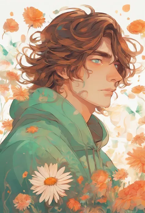 Brown haired male, shoulder length flowy hair, sea foam green eyes, pale skin, orange sweatshirt with a daisy design on it