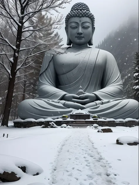 Gray sky，Foggy，A huge three-dimensional Buddha statue sculpture in a snowy mountain，Its form is pinched，In front of the sculpture is a path，Along the trail is a snowy field，Deep footprints were left in the snow。8K HD realism