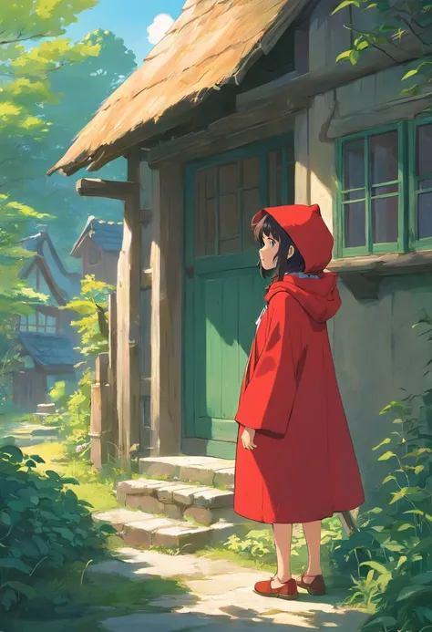 A girl in a red cloak in front of her grandmothers dilapidated cottage, littleredridinghood, big bad wolf, littleredridinghood, classic childrens illustration, littleredridinghood, littleredridinghood,storybook illustrations, richard scarry, storybook illu...