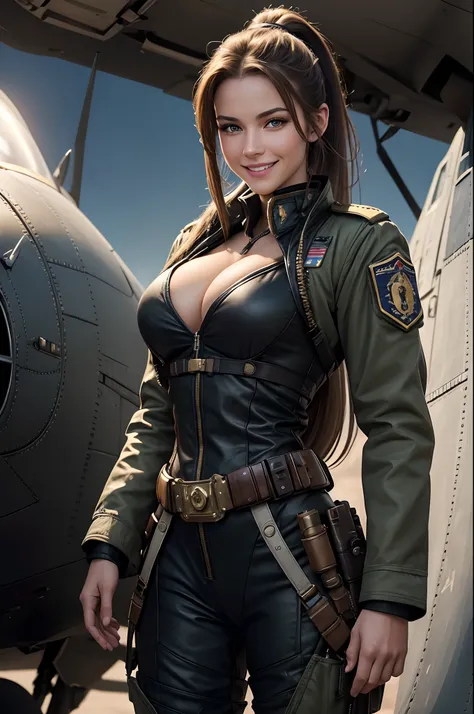 beautiful caucasian woman soldier wears fighter pilot uniform,standing beside a fighter plane,4k,masterpiece,best quality,realistic,sharp focus,award winning,cinematic lighting,extremely detailed,epic,cleavage,sexy,1girl,long hair,ponytail hair,cute smile,...