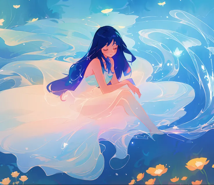 beautiful  girl covered by seafoam, long dark hair, beautiful girl sitting in the water, dress made of white seafoam, water nymph, water fairy, watercolor illustration, inspired by Glen Keane, inspired by Lois van Baarle, disney art style, by Lois van Baar...