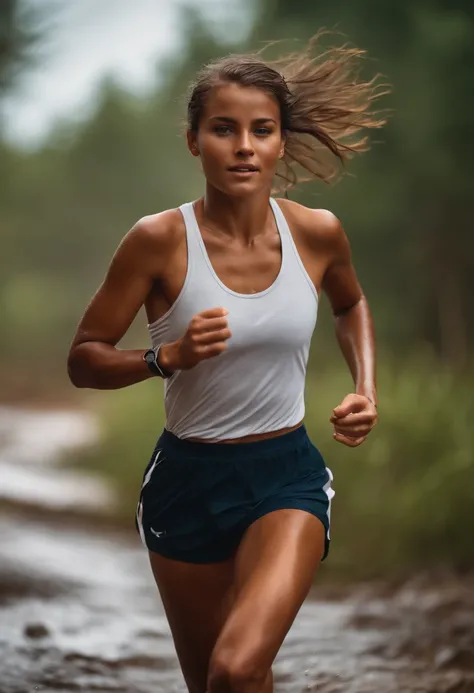 Hot tanned realistic petite tomboy girl, running, sweating a lot, wet body, wet face.