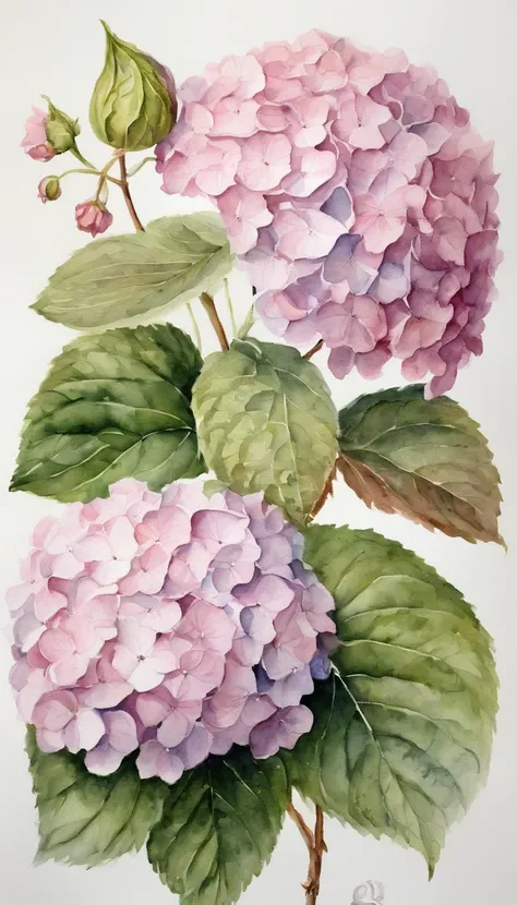 blush pink of 2 hydrangea, white background, (best quality), masterpiece, extremely detailed