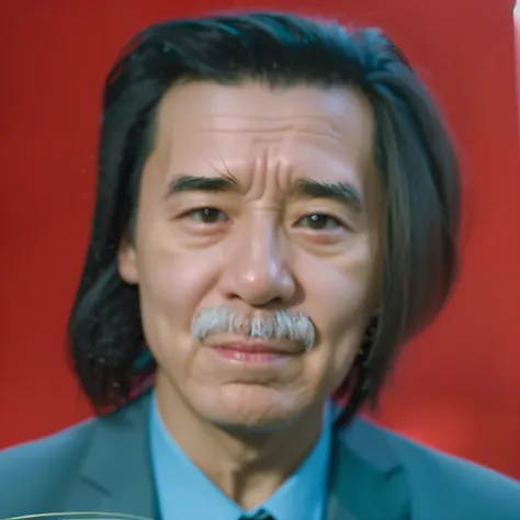 （（（long whitr hair)））Chinese man，65 yeas old，dressed in a suit，fundo vermelho。The light is bright，Clear skin，（Long flowing hair），clear photo，photograph of-realistic，Good facial features，hair photorealistic，hair flowing