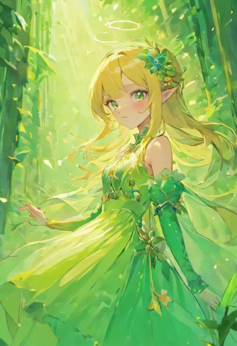 There is a doll sitting on a green surface, fey queen of the summer forest, elf princess, alluring elf princess knight, Green-haired Lotus Princess, elf girl wearing an flower suit, beautiful and elegant elf queen, Elf Girl, beautiful elf with ornate robes...