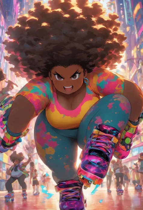 chubby woman, black african, small afro hair, angry sexy, wearing roller skates on feet, thicc, medium large breasts, sensual, no tattoos,