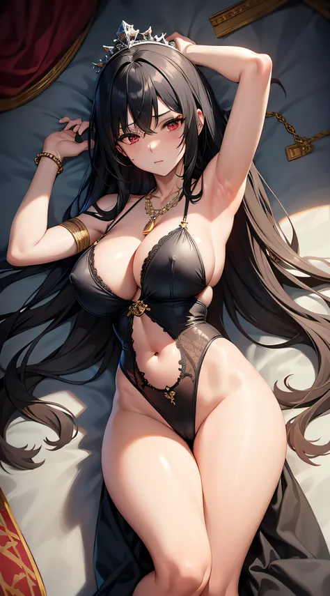 8k, masterpiece, illustration, anime, extreme detail, 1 female, long black hair, messy hair, red eyes, MILF,  sexy, slim waists, large breast, large hips, head to legs, well-toned, exposed breast, arms up, exposed armpits, exposed thighs, exposed legs, sle...