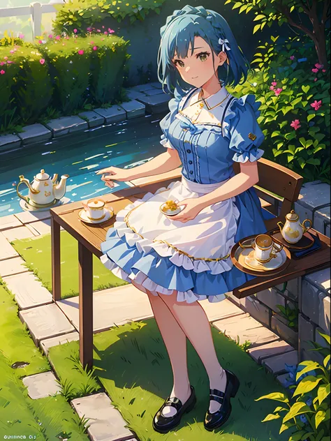 yuriko nanao (million live), 1 girl, solo, best quality, high resolution, 8k, wallpaper, ultra-detailed, light smile, Alice in wonderland, (((light blue dress, white apron, frilled apron, white legwear:1.2, black footwear, Mary Janes))), (((tea party in th...