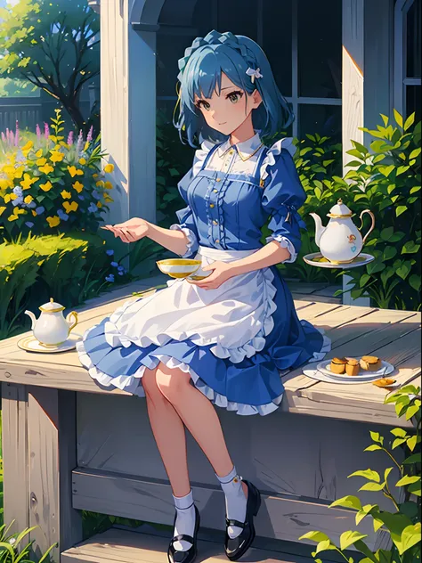 yuriko nanao (million live), 1 girl, solo, best quality, high resolution, 8k, wallpaper, ultra-detailed, light smile, Alice in wonderland, (((light blue dress, white apron, frilled apron, white legwear:1.2, black footwear, Mary Janes))), (((tea party:1.2, ...