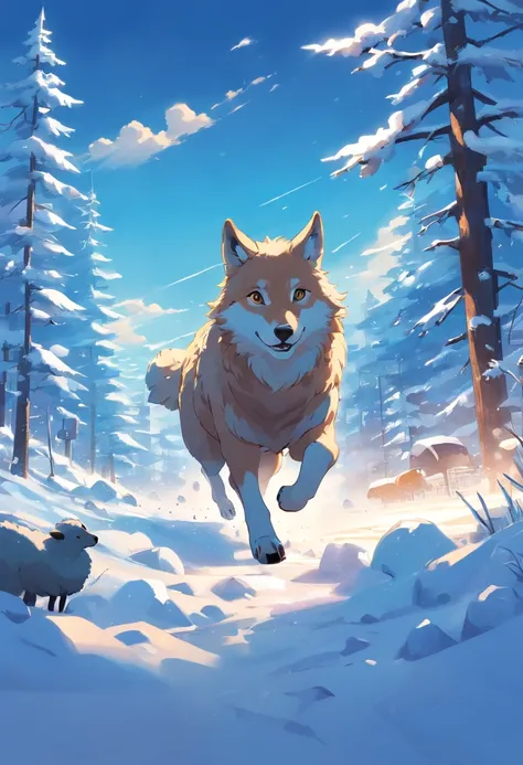 Cartoon picture of a wolf chasing a sheep in the snow, storybook illustrations, childrens illustrated storybook, Storybook illustration, Big bad wolf, cute storybook illustration, Lovely sheep，childrens book illustrations, childrens book illustrations, sto...