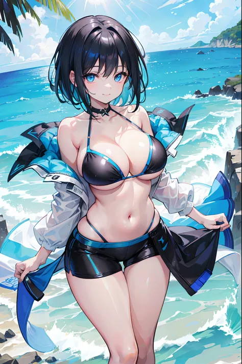 best quality,highres), bikini, short black hair with blue highlight, blue sparkling eyes, shoulder length, smiling at viewer, vivid colors, studio lighting, bright smile, big boobs showing off cleavage, beach, curvy figure