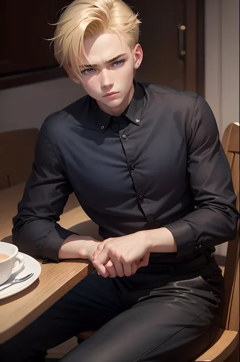 realistic, 8k image of a 15-year-old young man, blond, strong, short hair combed back, blue eyes, square chin, dressed in a black button-down blouse and black pants, sitting at the dining table in a dining room, night , alert expression, anime style art