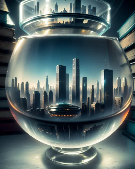 mini(ttp), (8k, RAW photo, best quality, masterpiece:1.2), ((miniature futuristic city skyline in a glass bowl sitting on old books)), out of focus book case,