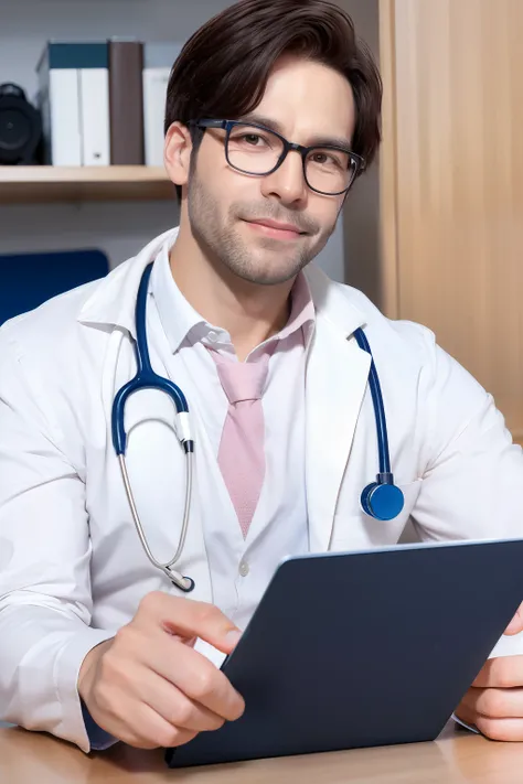 A 30-year-old doctor, sporting a pair of glasses, Medical Desk, cabelos grisalhos curto, stethoscope in the neck, making direct eye contact with the camera.