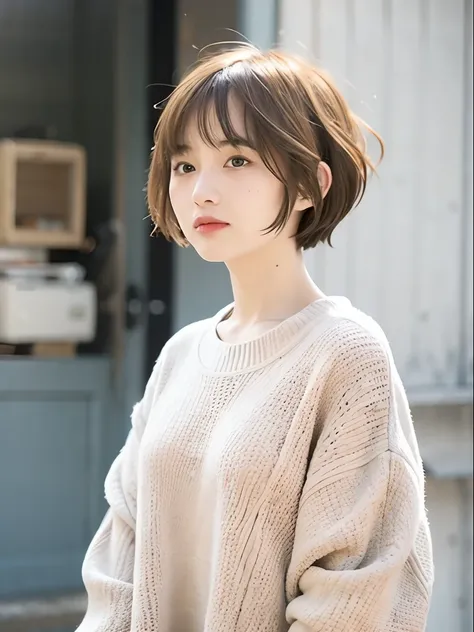 mix4,(top-quality), (Photorealsitic),(Shabby white door background:1.2), 1womanl, The upper part of the body, High Detail Face,, (Very light hair color on the inner)、 (8K)、Less bangs、(shorth hair:1.3)、(Bery short hair:1.6)、Wet hair、ssmile、Delicate and real...