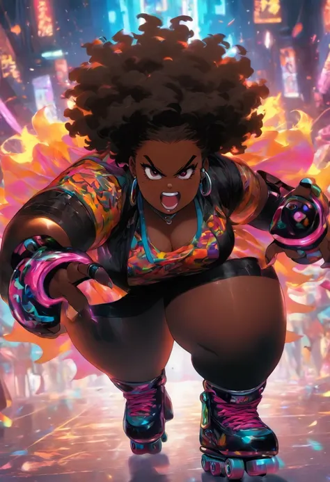 chubby woman, black african, small afro hair, angry sexy, wearing roller skates on feet, thicc, medium large breasts, sensual, no tattoos, dark black skin, evil grin, oiled skin, dressed in black, wearing shorts,