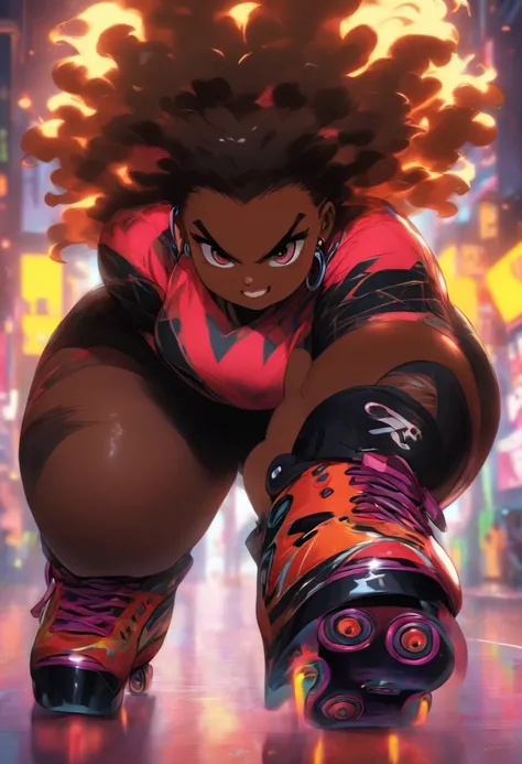 chubby woman, black african, small afro hair, angry sexy, wearing roller skates on feet, thicc, medium large breasts, sensual, no tattoos, dark black skin, evil grin, oiled skin, dressed in black, wearing shorts,