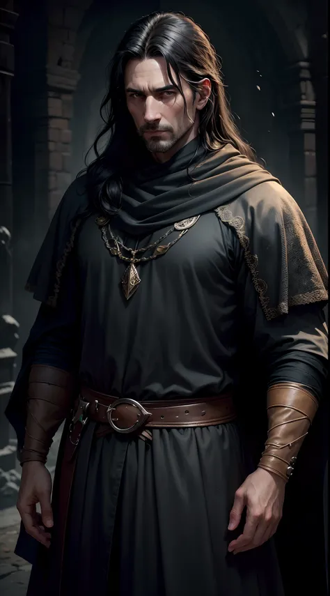 (best quality,4k,highres:1.2),ultra-detailed,(realistic,photorealistic:1.37),full body,40-year-old man,arrogant face,sharp features,slim face,thin face,detailed face,fatigued expression,long black hair with white strands,black medieval clothes,silk scarf,g...